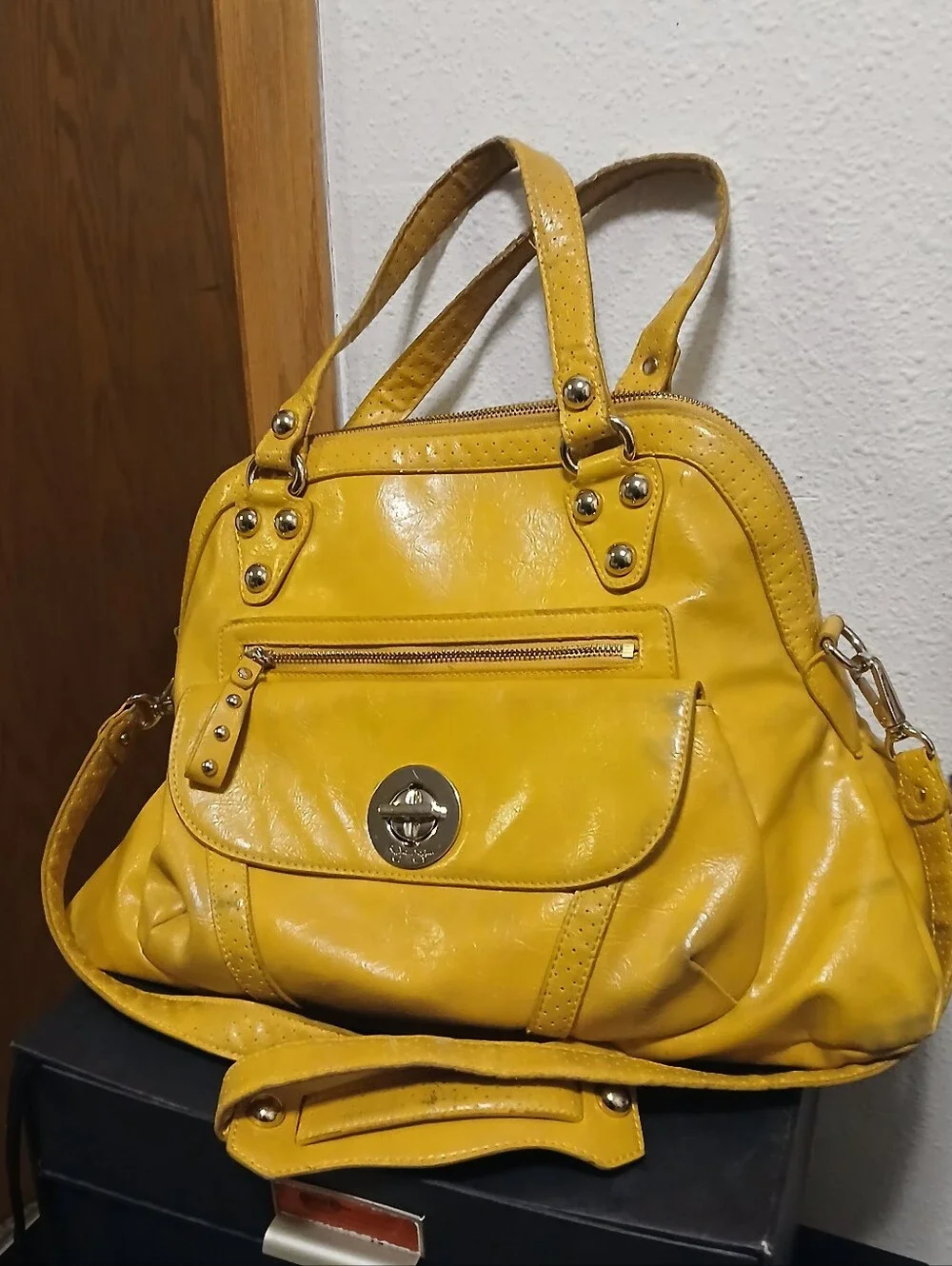 Jessica Simpson Yellow Faux Leather Satchel Crossbody Bag Vintage Style